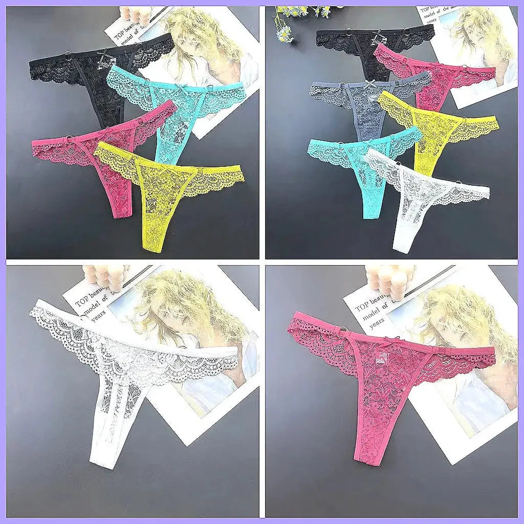 4Pcs Sexy Lace Thong Panties Women Low Rise Transparent Lingerie Set Plus Size by All Mart Bristol Ltd