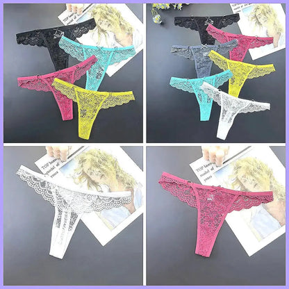 4Pcs Sexy Lace Thong Panties Women Low Rise Transparent Lingerie Set Plus Size by All Mart Bristol Ltd