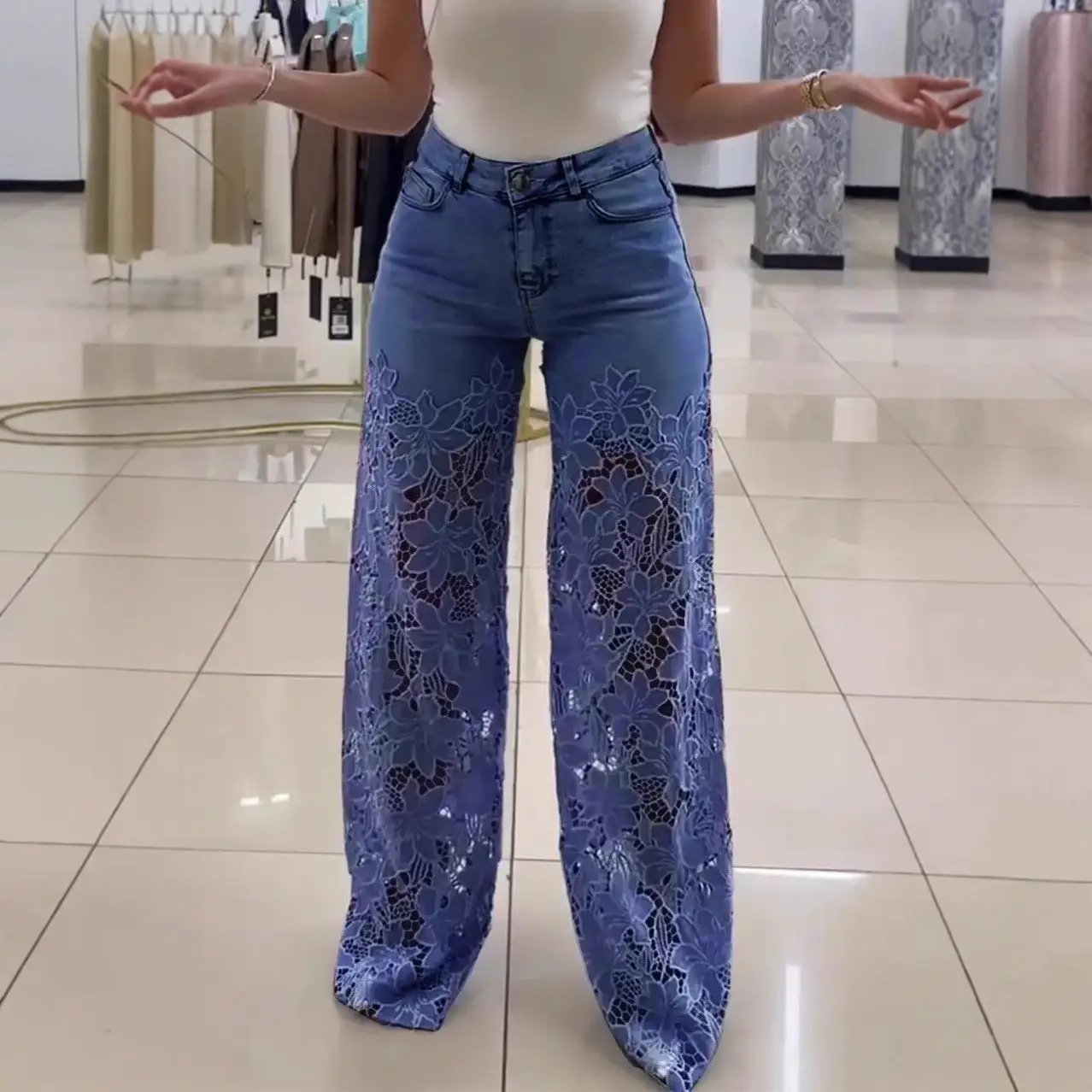 Y2K Lace Flowers Hollow Jeans Fashion High Waist Straight Wide Leg Pants Solid Color Trousers Women's Clothing by Dropshipman