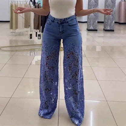 Y2K Lace Flowers Hollow Jeans Fashion High Waist Straight Wide Leg Pants Solid Color Trousers Women's Clothing by Dropshipman