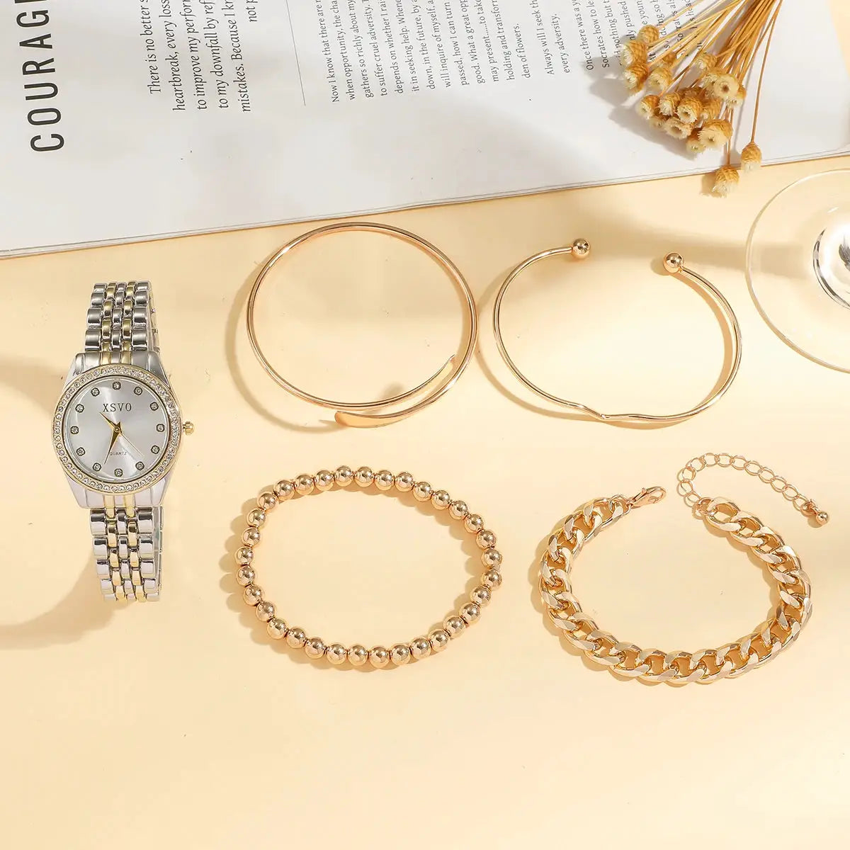 No gift box New style steel strap light luxury fashion quartz wristwatch pearl string bracelet 5 pieces set by All Mart Bristol Ltd