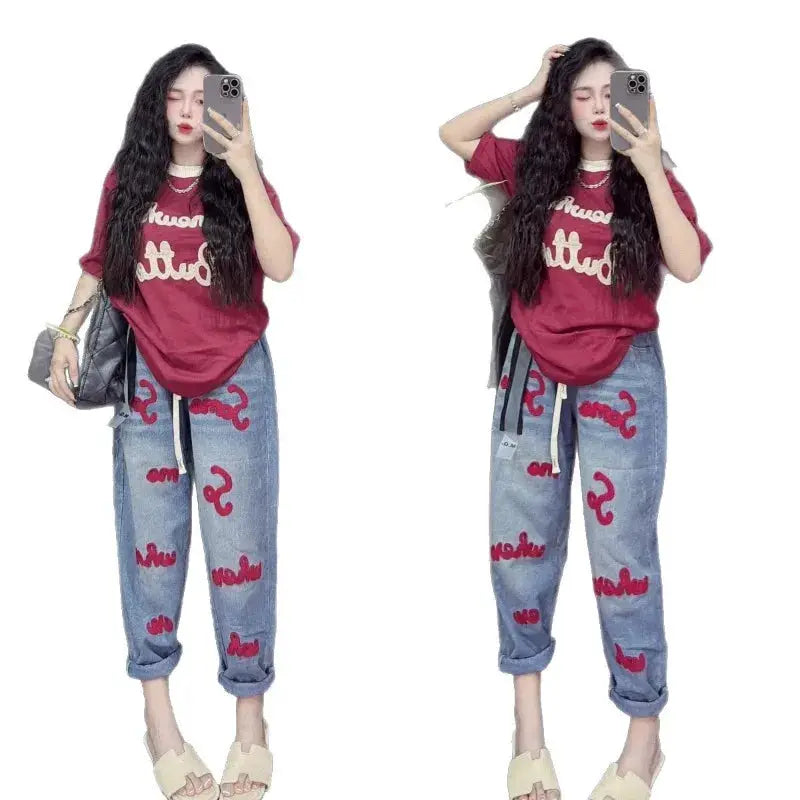 Retro Fashion Suit Women's Summer New Letter Printing Short-sleeved Milk Silk Wide-leg Pants Two-piece Set by All Mart Bristol Ltd