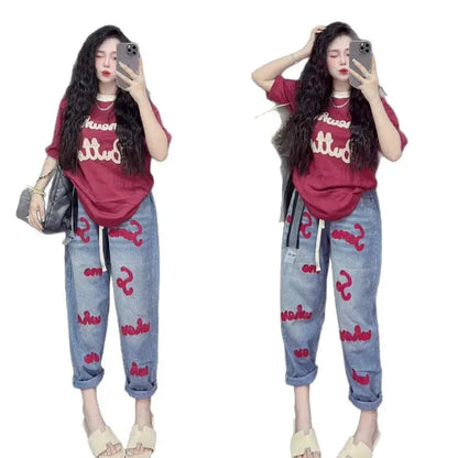 Retro Fashion Suit Women's Summer New Letter Printing Short-sleeved Milk Silk Wide-leg Pants Two-piece Set by All Mart Bristol Ltd