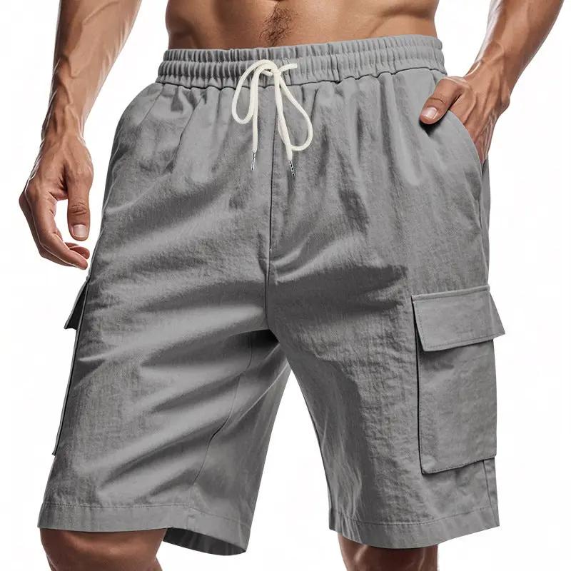 Loose Sports And Leisure Solid Color Linen Drawstring Shorts by Dropshipman