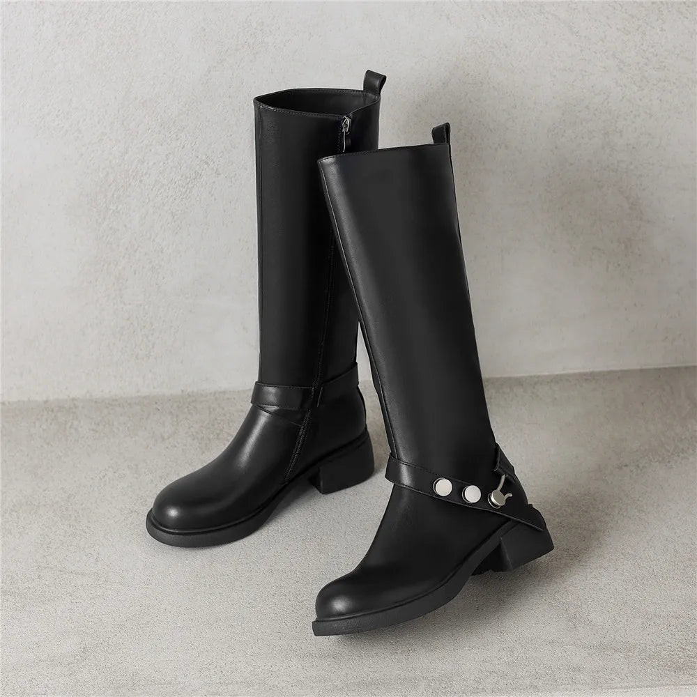 MILI-MIYA New Women's Cowhide Riding Boots Round-Toe Chunky Heel Solid-Colour Knee-High Boots Classic Metal Buckle Detail Handma by All Mart Bristol Ltd