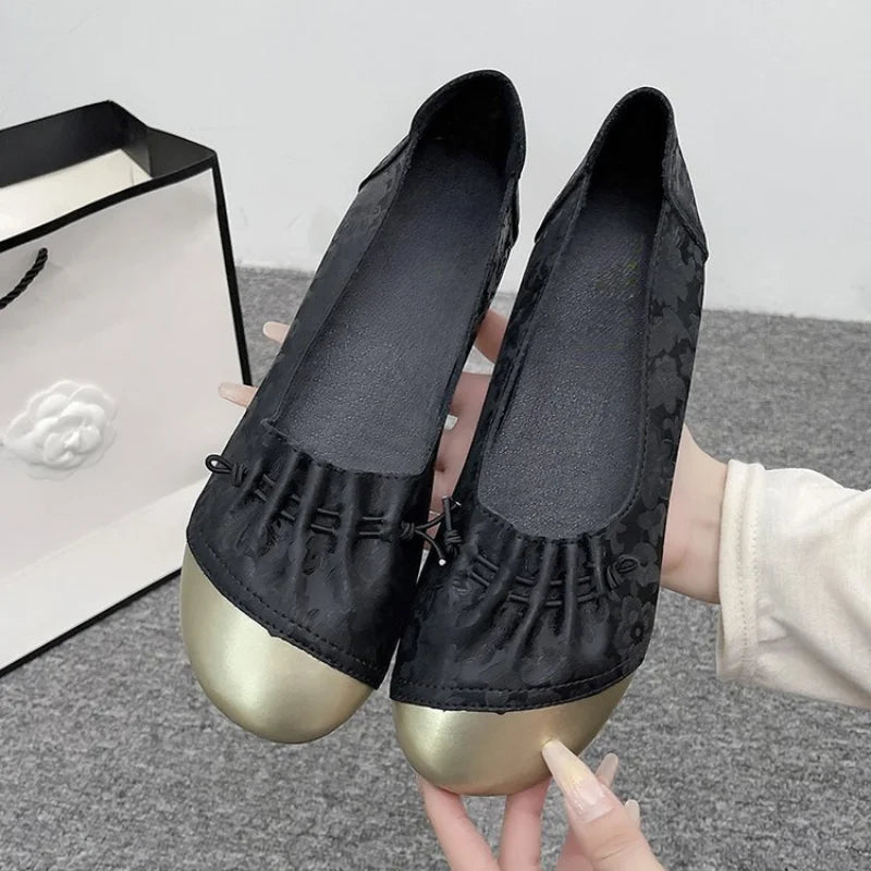 Chinese Style Color Block Slip-on Flats, Low Heel Comfortable Versatile Work Shoes for Women by All Mart Bristol Ltd