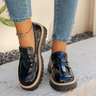 New Autumn Leather Belt-Buckle Patent Leather Leopard-Print Vintage Womens Shoes by Dropshipman
