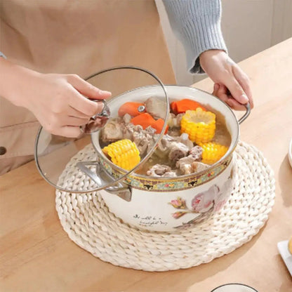 Floral Pattern Ceramic Stockpot, 1 Count Large Capacity Soup Pot Stew Pot with Glass Lid & Metal Handle, Household Cookware for Kitchen by All Mart Bristol Ltd