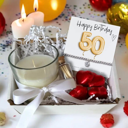 Small 50th Birthday Gold Balloons Gift Hamper - Cubic Zirconia Bracelet, Chocolates & Candle by Aye Do Gifts