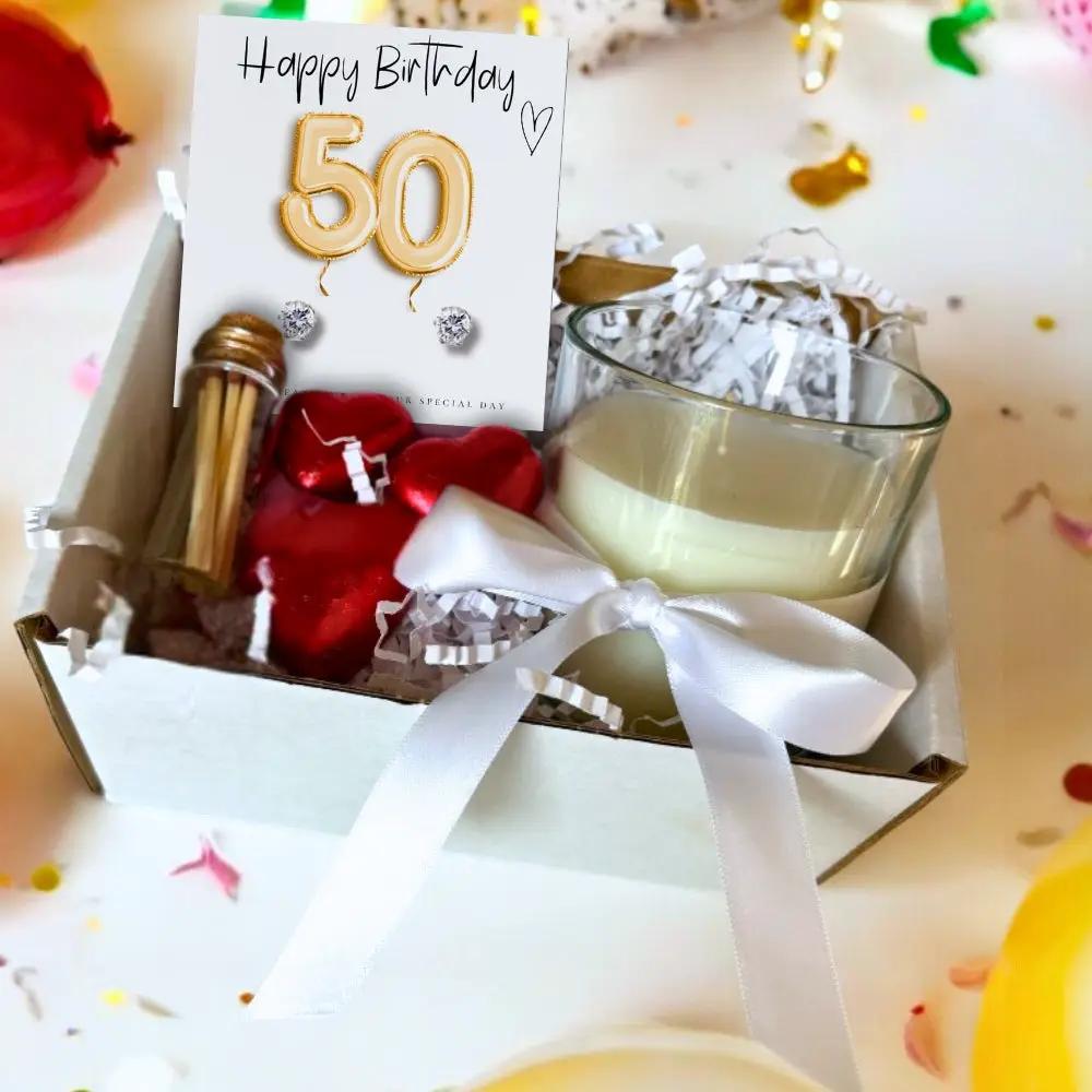Small 50th Birthday Gold Balloons Gift Hamper - Cubic Zirconia Earrings, Chocolates & Candle by Aye Do Gifts