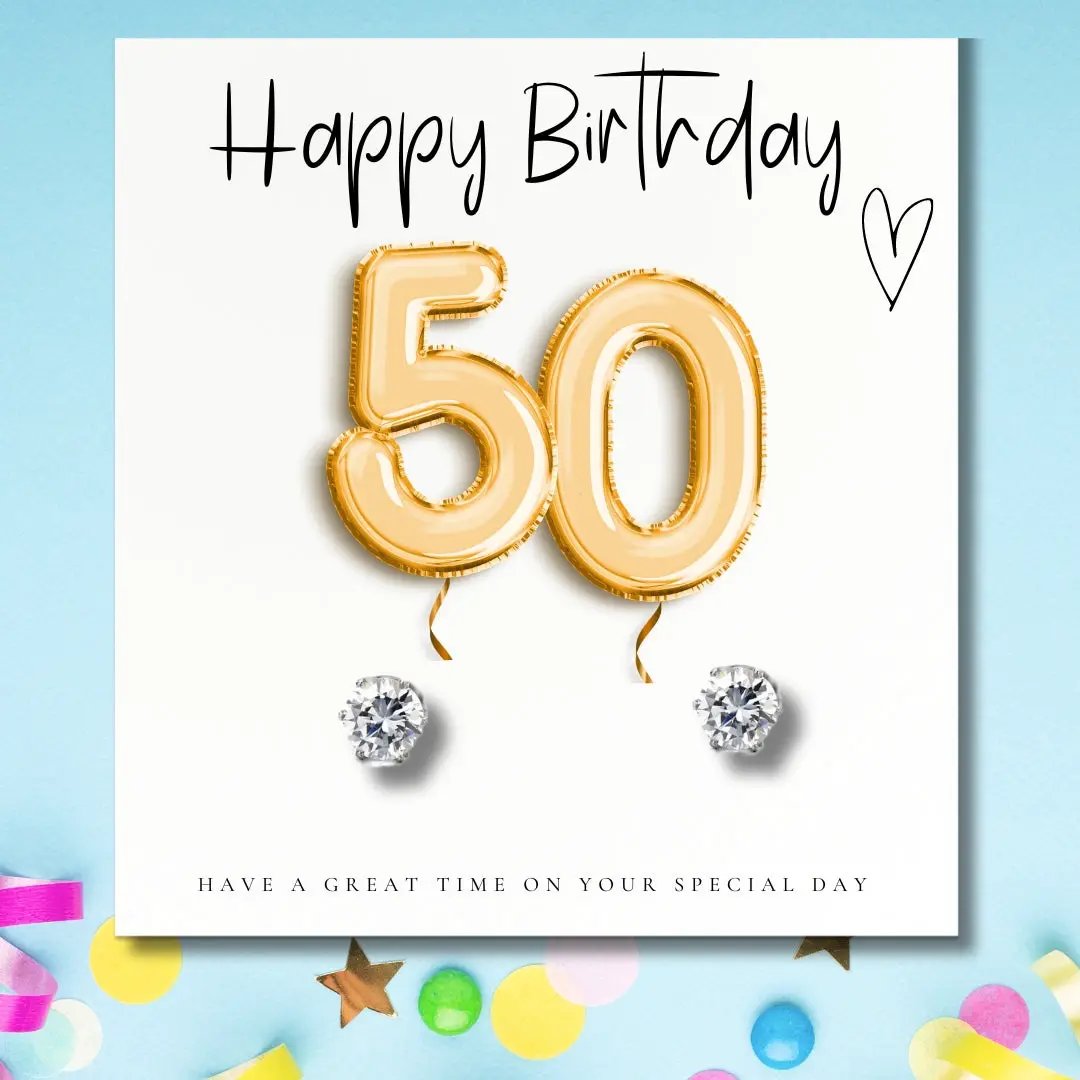 Small 50th Birthday Gold Balloons Gift Hamper - Cubic Zirconia Earrings, Chocolates & Candle by Aye Do Gifts