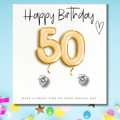 Small 50th Birthday Gold Balloons Gift Hamper - Cubic Zirconia Earrings, Chocolates & Candle by Aye Do Gifts