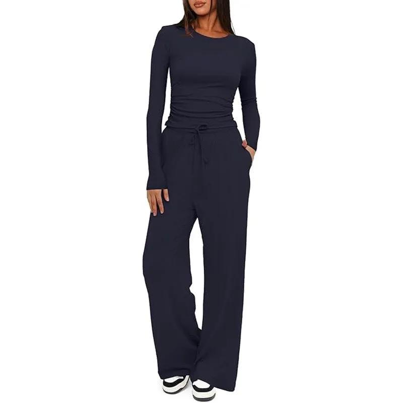 2 Pieces Women's Suit Autumn Winte Long Sleeve Tops High Waisted Wide Leg Pants Sportswear Female Clothes Solid Color Casual Suit by Dropshipman