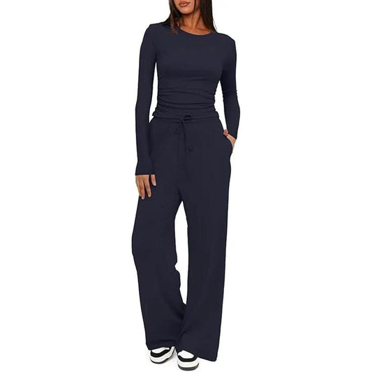 2 Pieces Women's Suit Autumn Winte Long Sleeve Tops High Waisted Wide Leg Pants Sportswear Female Clothes Solid Color Casual Suit by Dropshipman