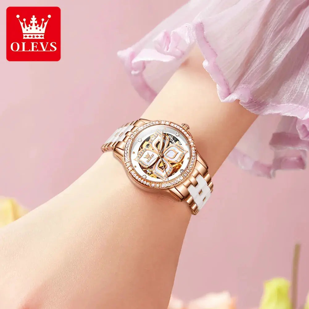 OLEVS Elegant Fashion Women's Watches Lucky Four-Leaf Clover Dial Original Brand Automatic Mechanical Wristwatch Ceramics Strap by All Mart Bristol Ltd