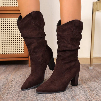 Suede Pointed-toe Fashion Boots With Pleated Mid-calf Design And Chunky Heel by Dropshipman