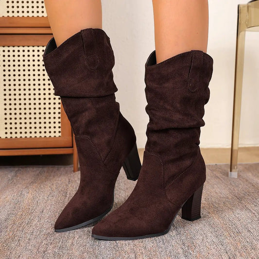 Suede Pointed-toe Fashion Boots With Pleated Mid-calf Design And Chunky Heel by Dropshipman