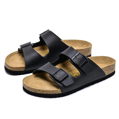 Double-breasted Cork Outer Leather Surface Boken Slippers by Dropshipman