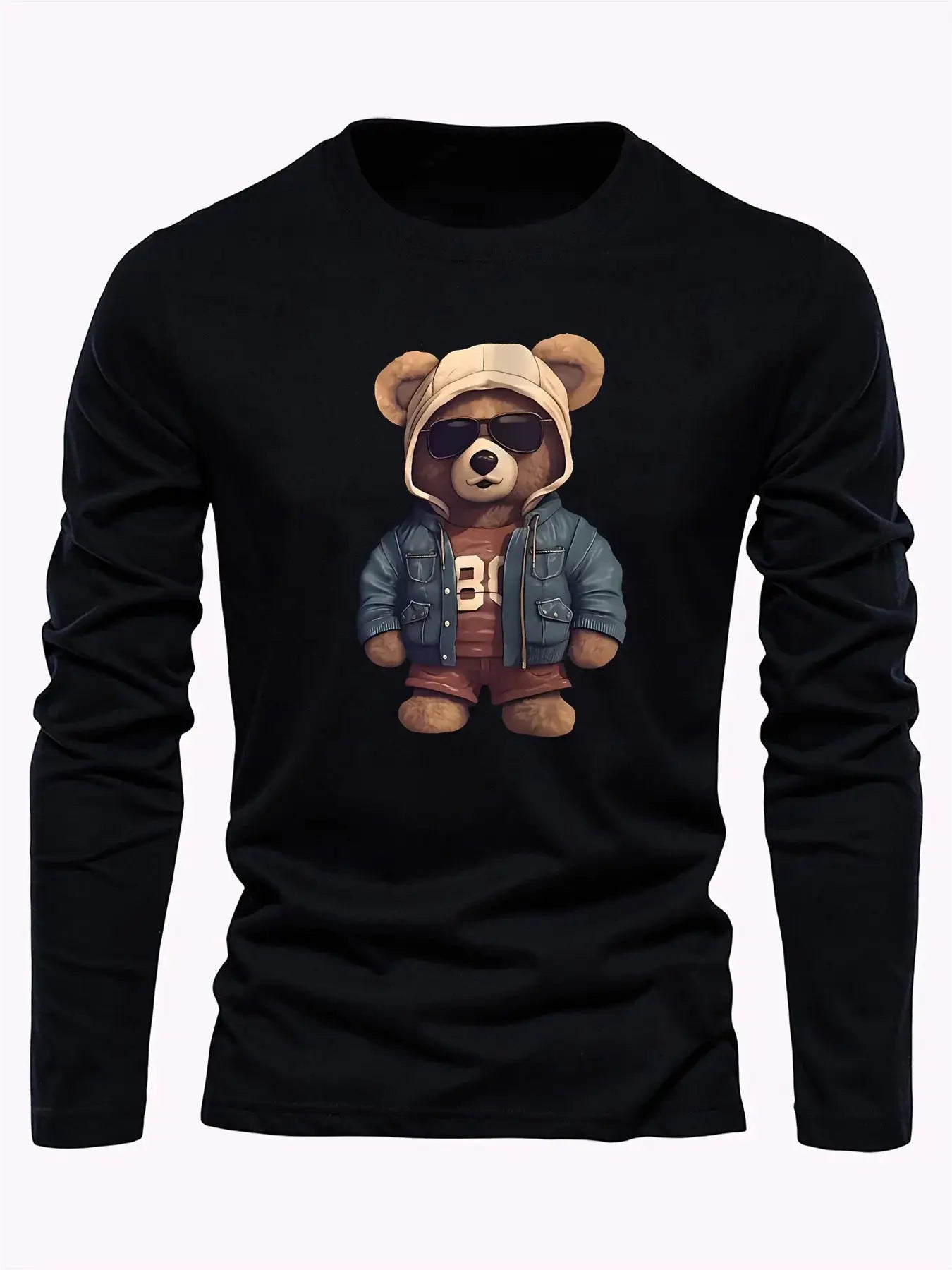 100 cotton men's casual long sleeved round neck loose bear pattern printed autumn and winter T-shirt top versatile by All Mart Bristol Ltd