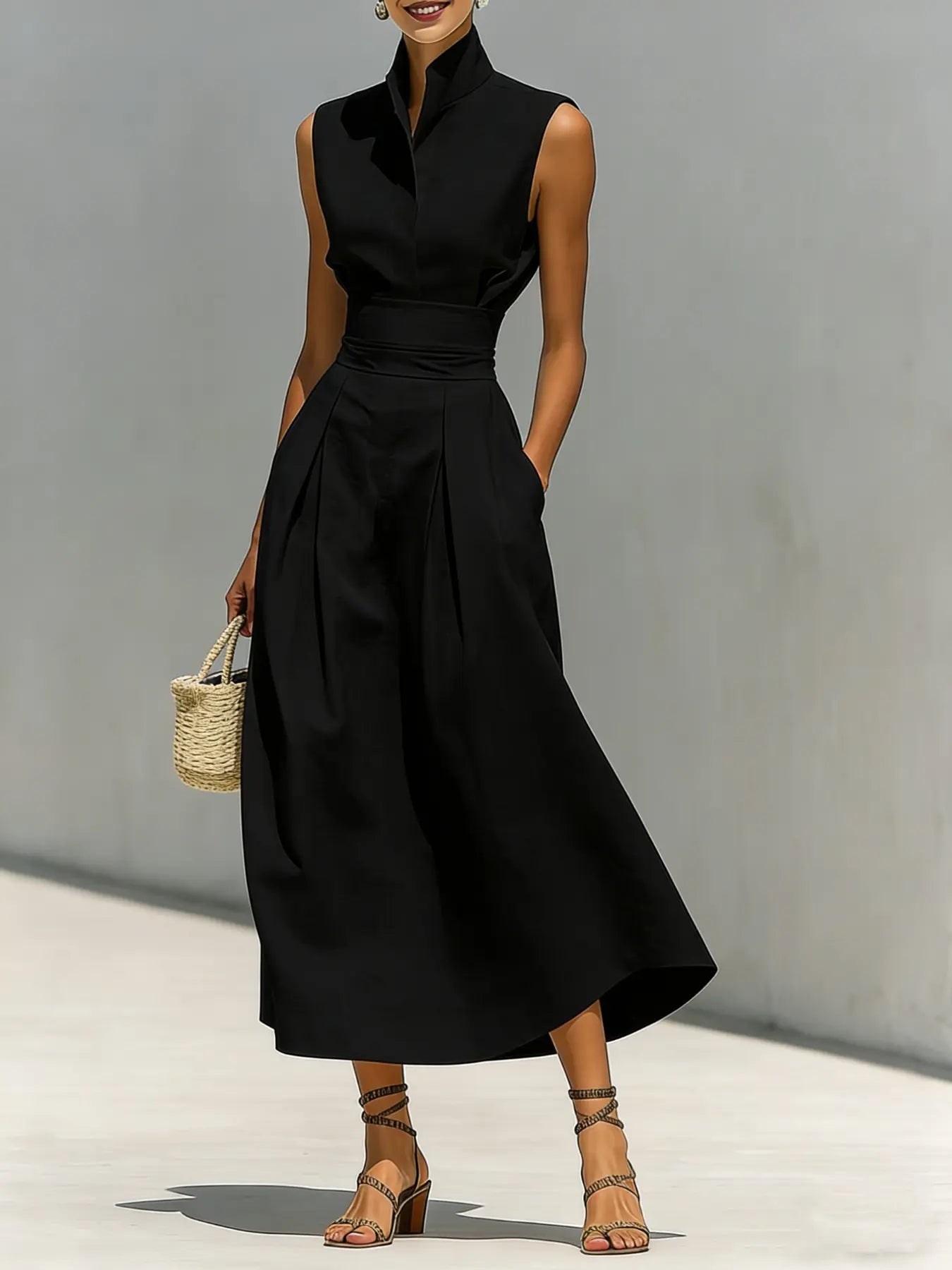 2026 European Style Formal Minimalist Women'S Spring Summer New High Waist Midi Dress, Crew Neck Loose Top, Office Wear Long Skirt by All Mart Bristol Ltd