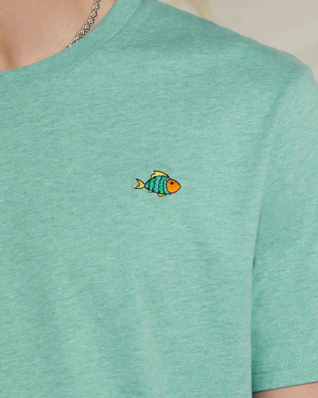 Fish Embroidered T-Shirt Heather Green by All Mart Bristol Ltd