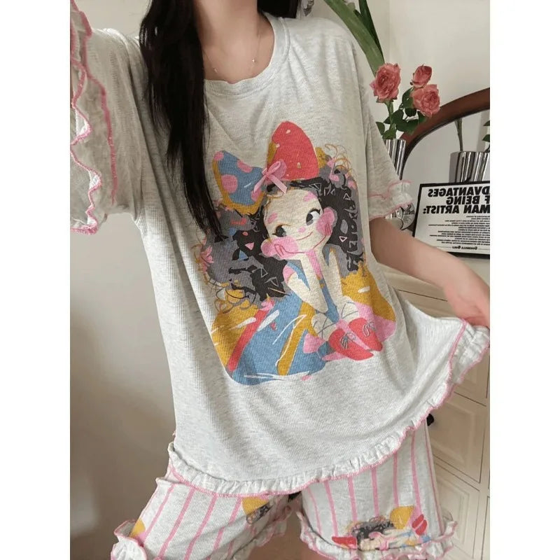 New Teenage Girls Casual Pajama Set Short Sleeves Shorts Two-piece Set with Cartoon Character Made of Modal Home Wear for Women by All Mart Bristol Ltd