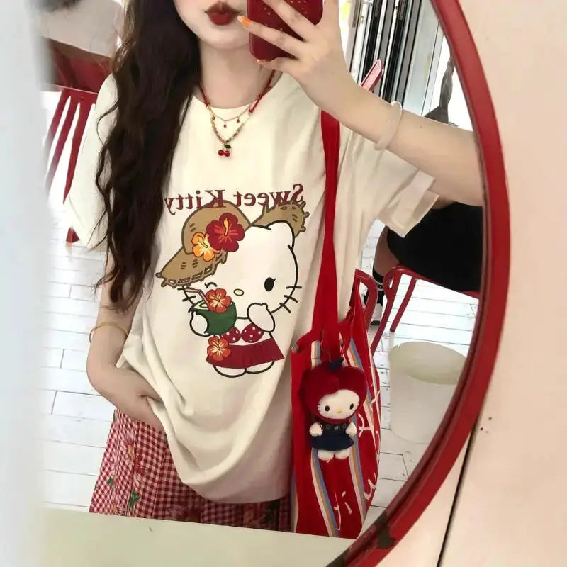 Short-Sleeved T-Shirt Summer New Hello Kitty Printed Cartoon Cute Sanrio Half-Sleeved T-Shirt Pure Cotton Shirt Women's Tops by All Mart Bristol Ltd