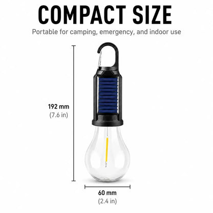 Solar LED Hanging Light, Portable Camping Lantern with Hook, USB Rechargeable & Solar Powered, Waterproof Outdoor Bulb with Warm LED Light, Adjustable Brightness for Hiking, Emergency, Tent, and Home Use