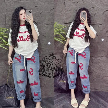 Retro Fashion Suit Women's Summer New Letter Printing Short-sleeved Milk Silk Wide-leg Pants Two-piece Set by All Mart Bristol Ltd