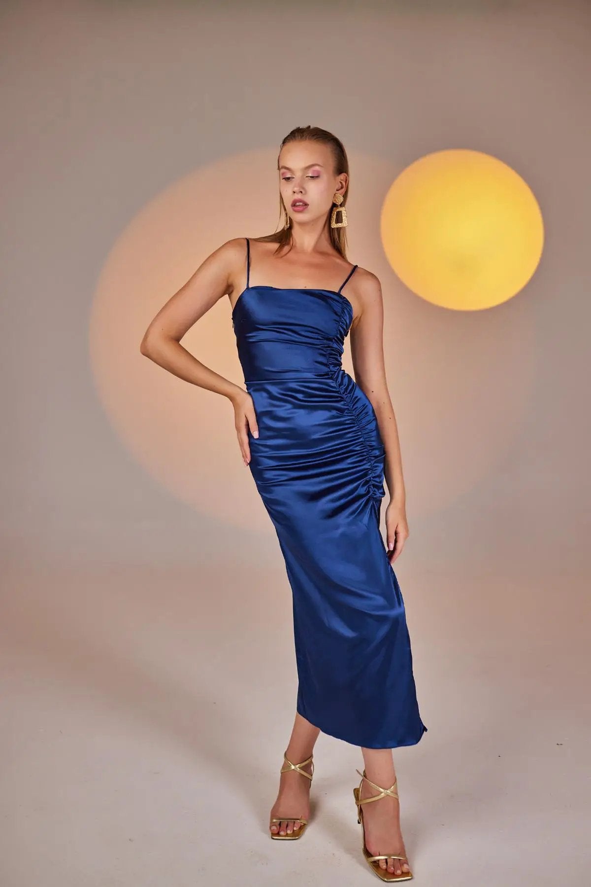 Dipsy Blue Satin Strappy Slit Midi Dress by Holly Lolly