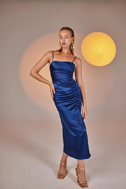 Dipsy Blue Satin Strappy Slit Midi Dress by Holly Lolly