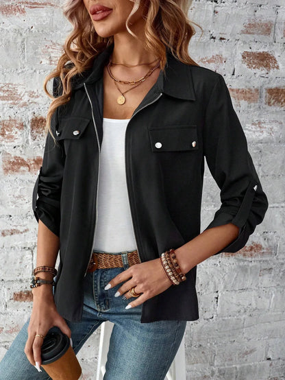 New Style European-Style Collar Zipper Cardigan with A Hood and A Plain-Colored Long-Sleeved Coat for Women by All Mart Bristol Ltd