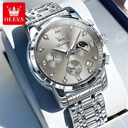 OLEVS Popular men's watches stainless steel black Moon Phase Chronograph quartz watch for man date Original brand wristwatch by All Mart Bristol Ltd