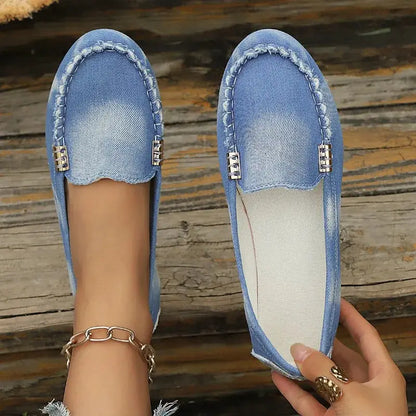 Fashion Light Blue Denim Moccasins Slip on Flat Loafers with Metal Buckle Casual Comfort Daily Shoes by All Mart Bristol Ltd