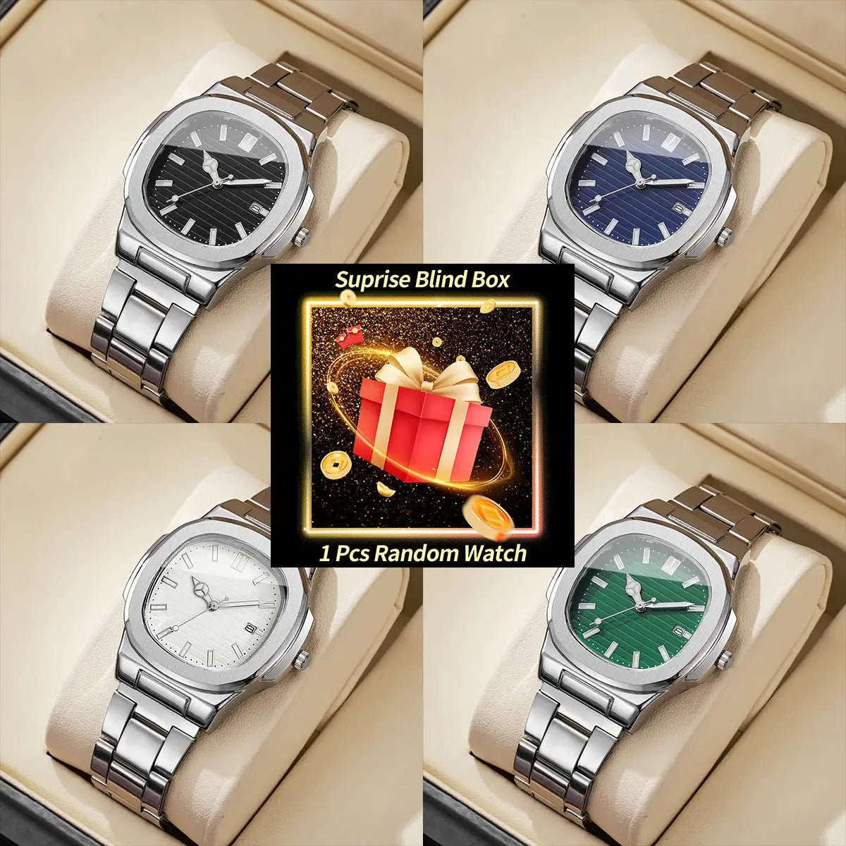1PC Surprise Watch Mystery Box-Fashion Square Men Business Watches Stainless Steel Calendar Quartz Watch （Without Box） by All Mart Bristol Ltd
