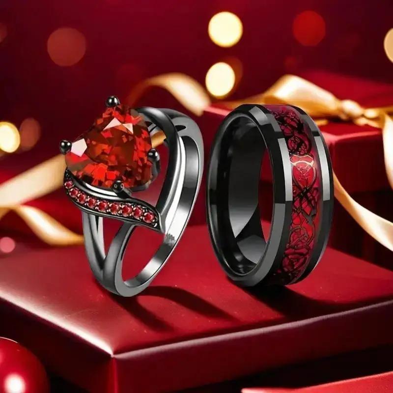 Couples Promise Rings with Heart & Dragon Designs Purple Red Green Blue Zircon Ideal for Engagement Wedding Gifts Romantic Theme Hypoallergenic Scratch Resistant Valentine'S Day Gift by All Mart Bristol Ltd