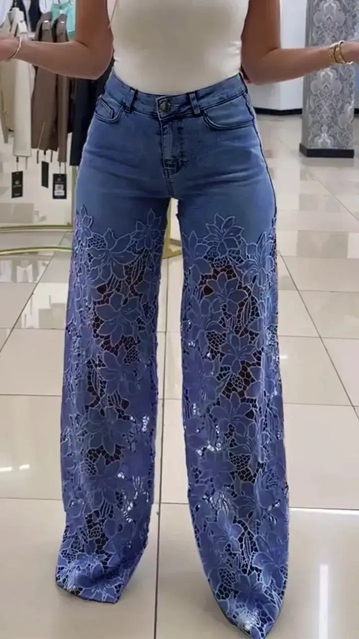 Y2K Lace Flowers Hollow Jeans Fashion High Waist Straight Wide Leg Pants Solid Color Trousers Women's Clothing by Dropshipman