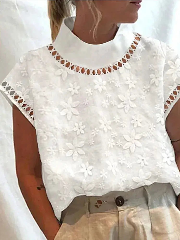 Women's Cotton Linen Pullover Shirt, Elegant Lace Trim Slim Fit Stand Collar Top for Summer Streetwear by All Mart Bristol Ltd