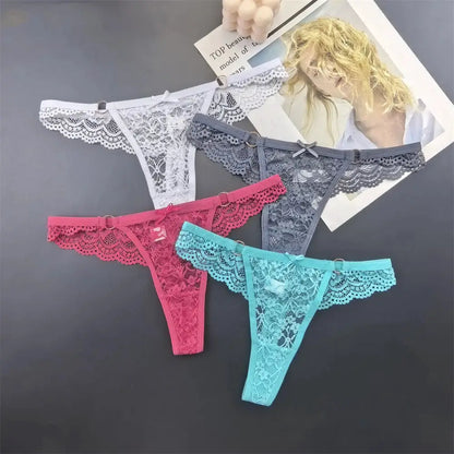4Pcs Sexy Lace Thong Panties Women Low Rise Transparent Lingerie Set Plus Size by All Mart Bristol Ltd