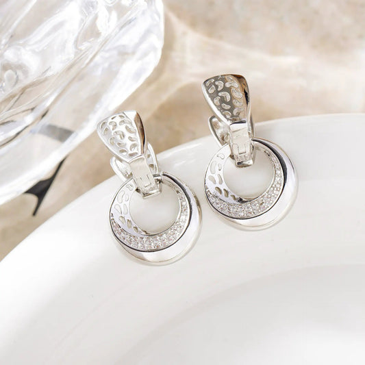 Luxury Hollow Round Moon Rose Gold Silver Color Drop Earrings For Women Micro-wax Inlay Natural Zircon Flower Bridal Wedding Daily Jewelry For Women by Dropshipman