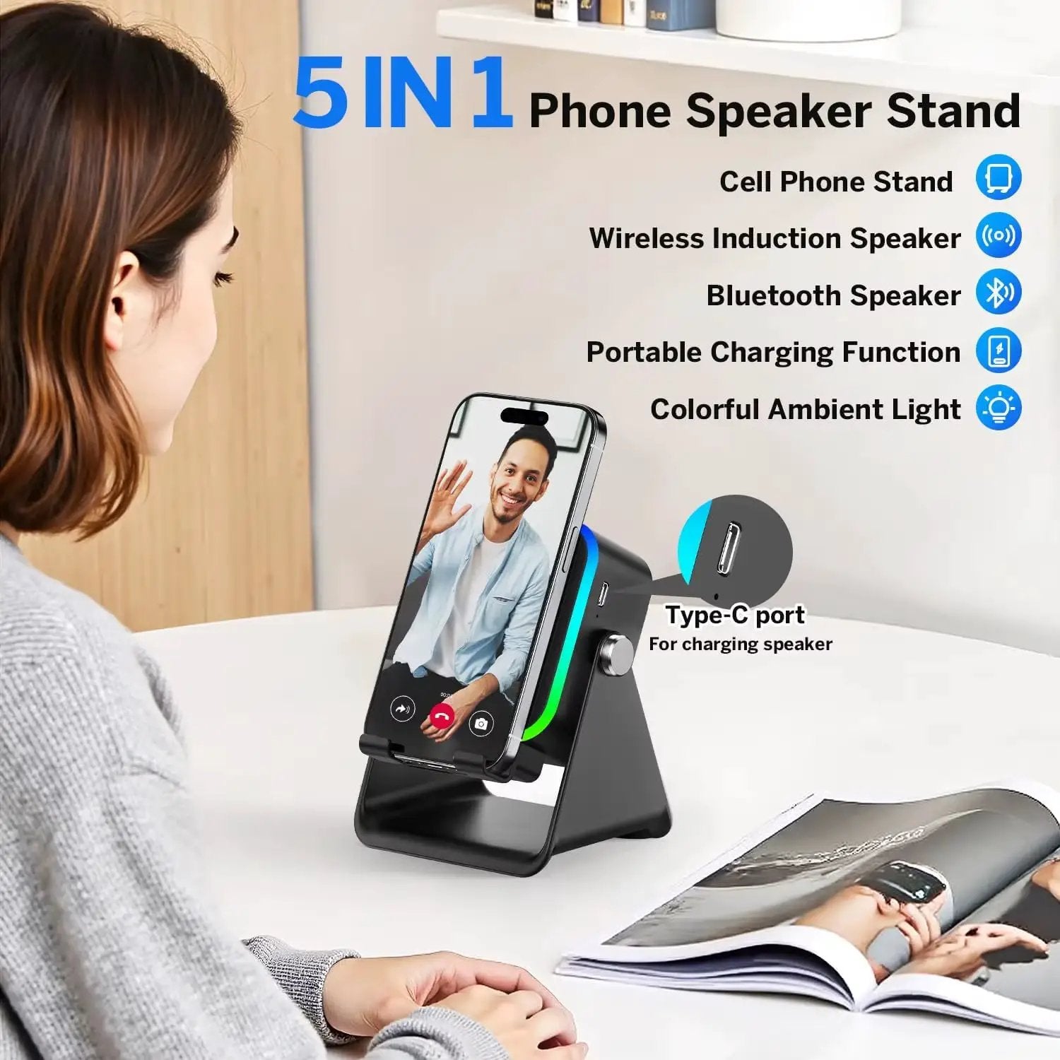 (Upgraded)5 in 1 Auto-Induction 5000Mah Wireless Induction Speaker 8 RGB Lights HIFI Sound Portable Bluetooth Phone Holder Gifts by All Mart Bristol Ltd