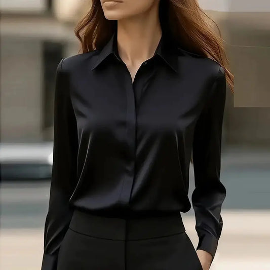 New Women's Office Blouse Long Sleeve Turn Down Collar Formal Shirt, Solid Colors Blue White Black Gray by All Mart Bristol Ltd