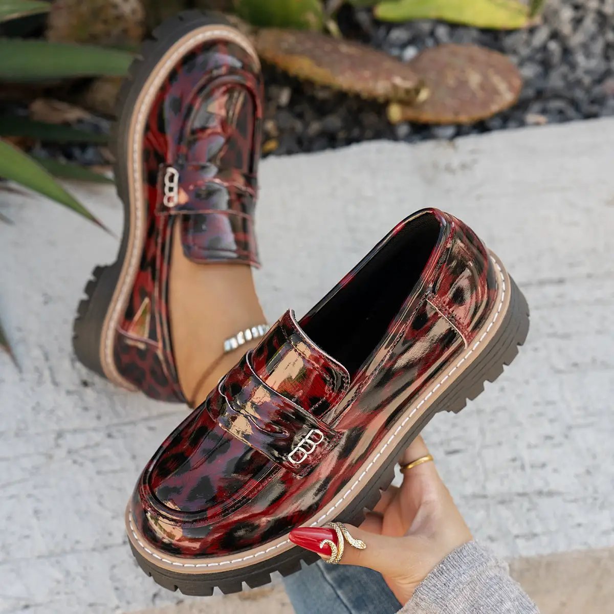 New Autumn Leather Belt-Buckle Patent Leather Leopard-Print Vintage Womens Shoes by Dropshipman