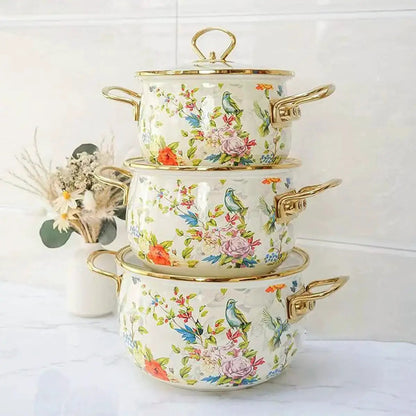 Floral Pattern Ceramic Stockpot, 1 Count Large Capacity Soup Pot Stew Pot with Glass Lid & Metal Handle, Household Cookware for Kitchen by All Mart Bristol Ltd