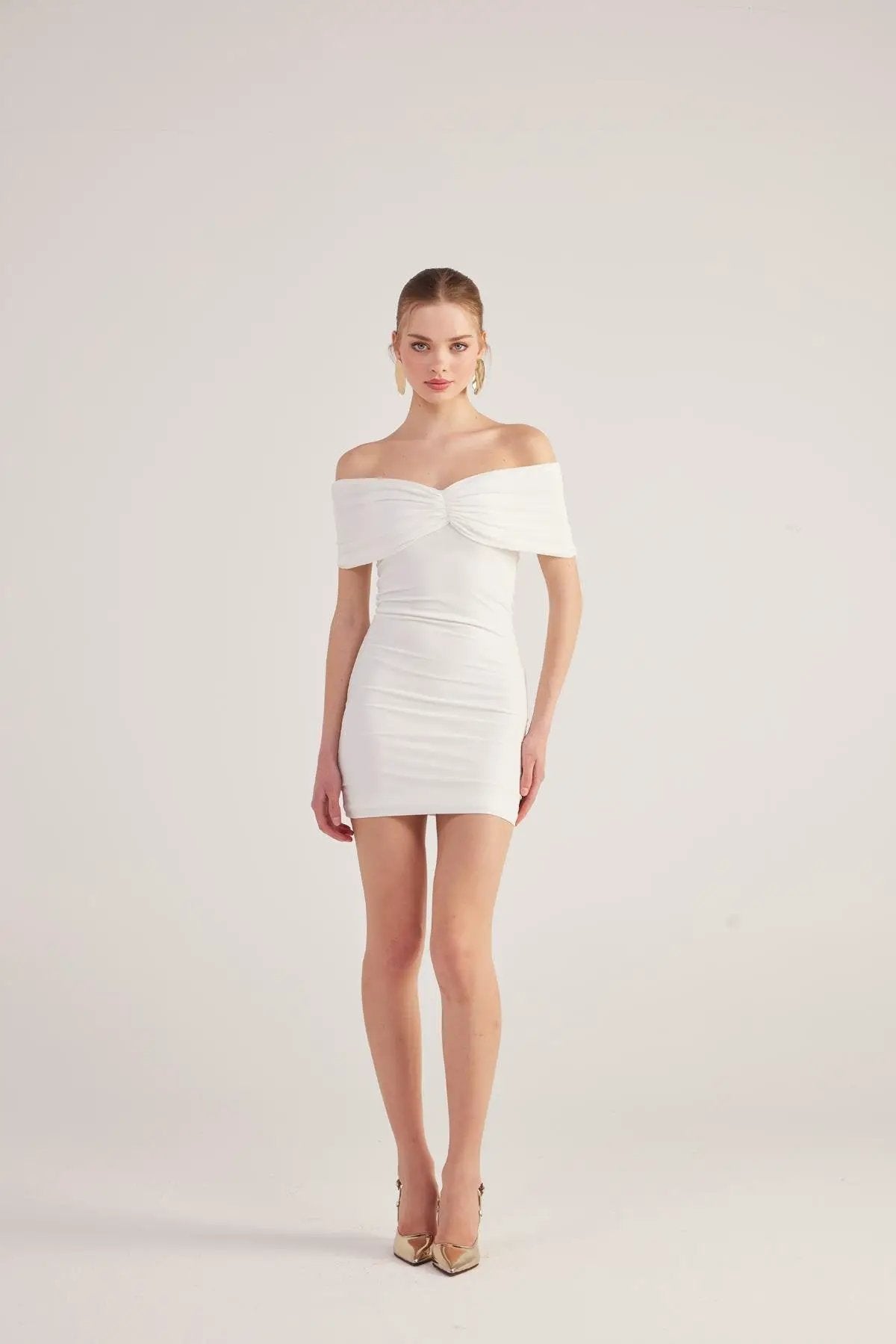 Muse White Bardot Neck Mini Dress by Holly Lolly