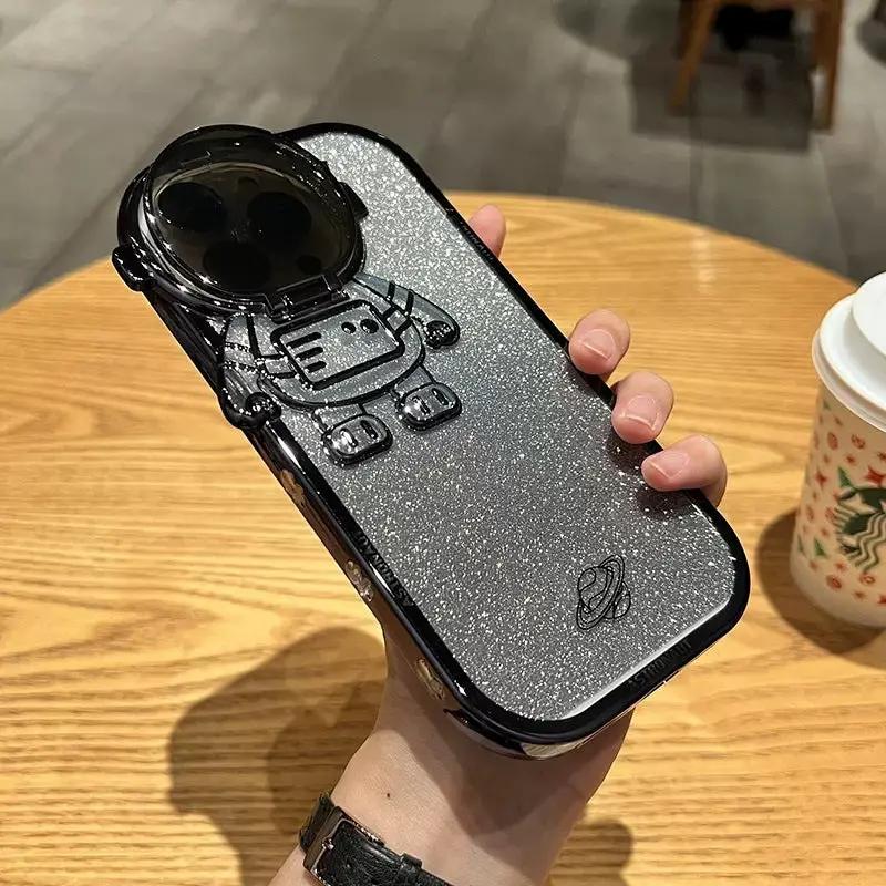 Glitter Astronaut Camera Stand Phone Case For I14 13 12 11 Pro Max XR 14 Plus Invisible Lens Bracket Plating Soft Cover by Dropshipman