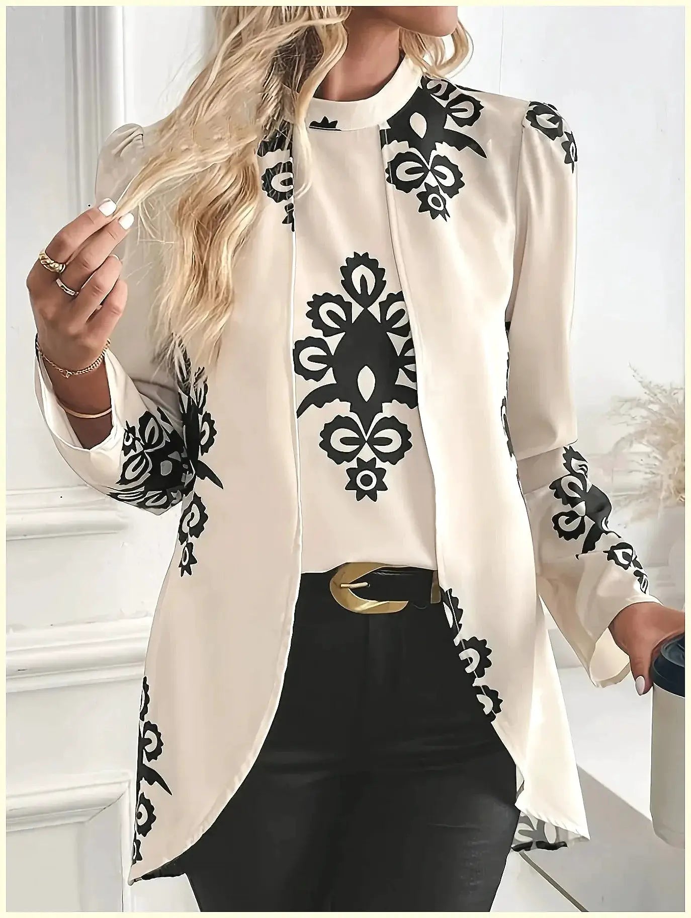 2026 Fashion Women's Long Sleeve Print Blouse, Elegant Office Top with Fake Two-Piece Design by All Mart Bristol Ltd