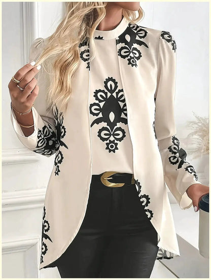 2026 Fashion Women's Long Sleeve Print Blouse, Elegant Office Top with Fake Two-Piece Design by All Mart Bristol Ltd
