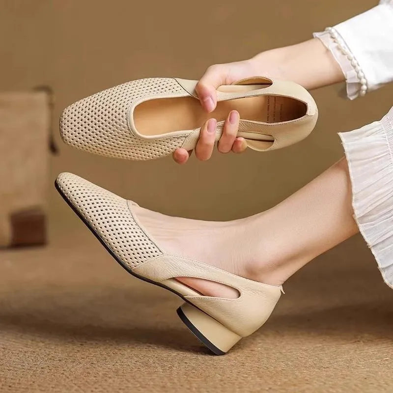Spring Summer Women's Breathable Square Toe Low Heel Slip On Flats - French Vintage Soft Sole Casual Commuter Office Shoes by All Mart Bristol Ltd