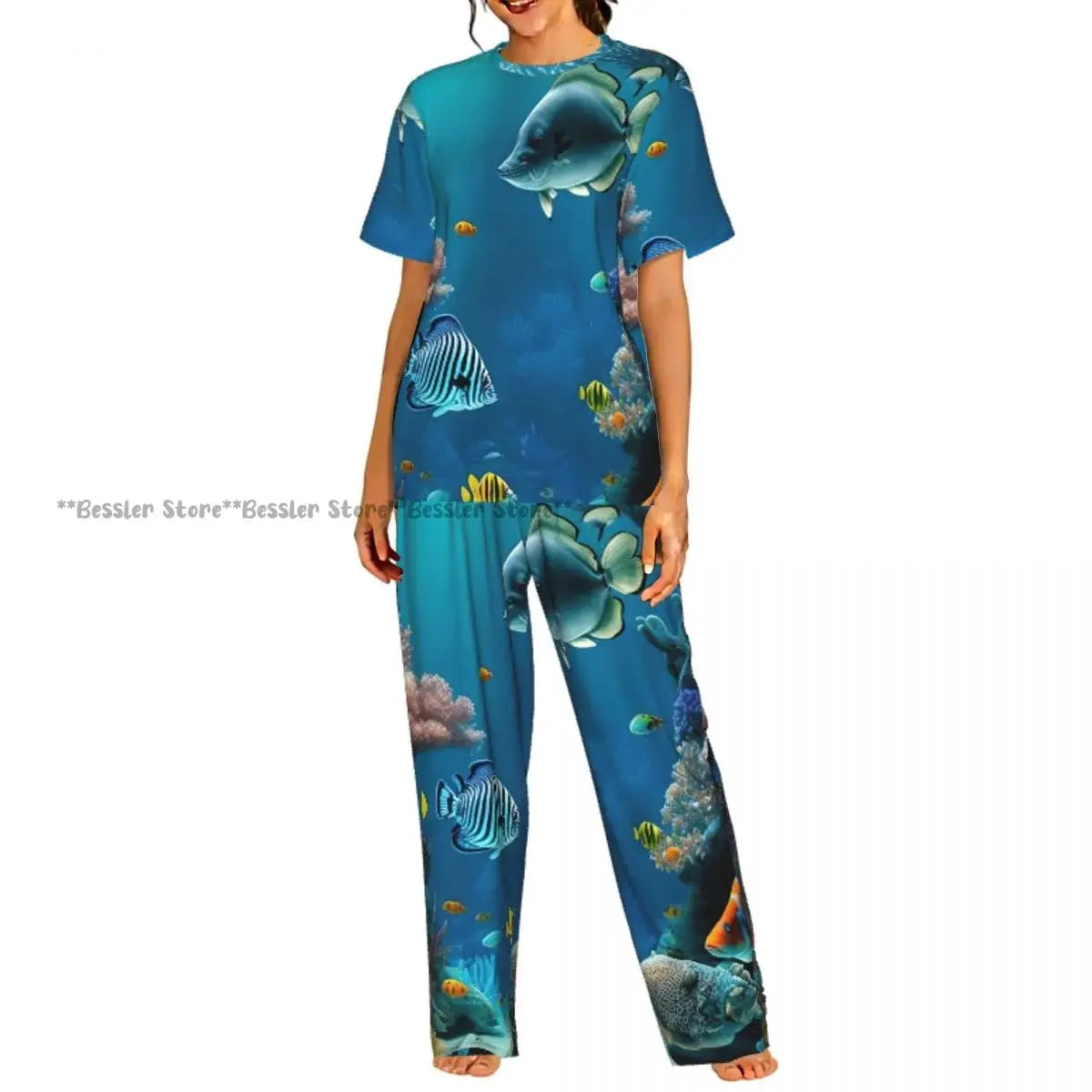 Women's Comfort Pajamas Women's Sea Fish Marine Life Short Sleeve Set Sleepwear by All Mart Bristol Ltd